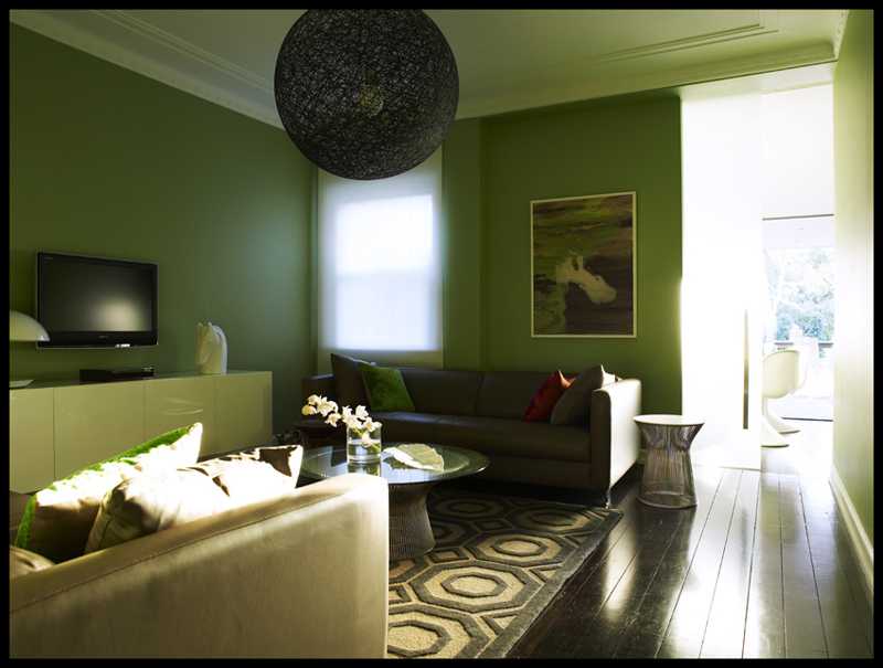 Зеленый цвет в интерьере: темно-зеленый, салатовый, серо-зеленый, сочетание с другими цветами в гостиной
 - 42 фото