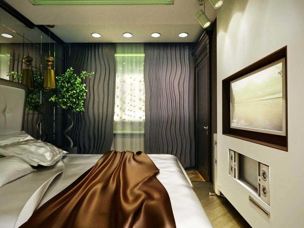 Дизайн спальни 12 кв м в современном стиле: планировка маленькой комнаты с кроватью, телевизором и платяным шкафом - 29 фото