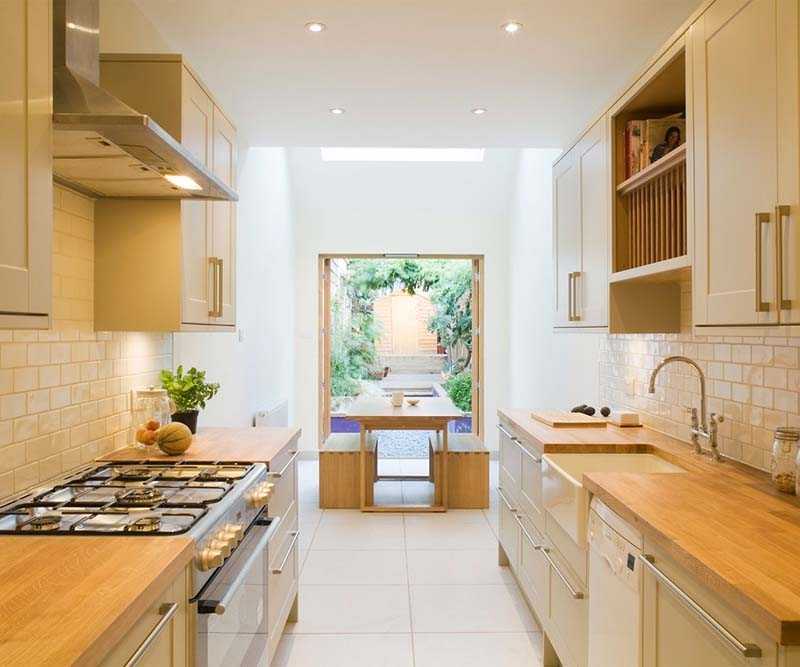 Дизайн узкой кухни: 100 фото стильных решений, особенности обустройства