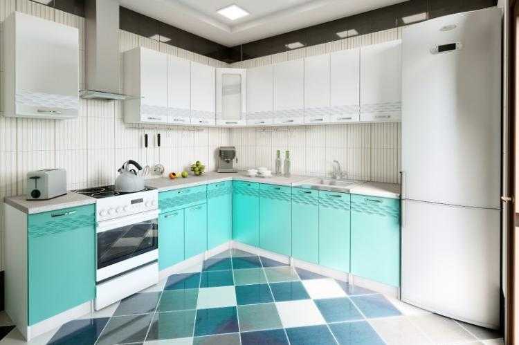 Бирюзовая кухня в интерьере с белым, серым, цвета морской волны, кухонный гарнитур с бирюзовым фартуком
 - 29 фото
