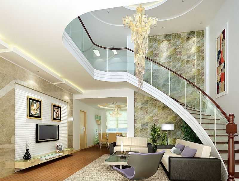 Гостиная с лестницей на второй этаж: фото дизайна интерьера в частном доме
