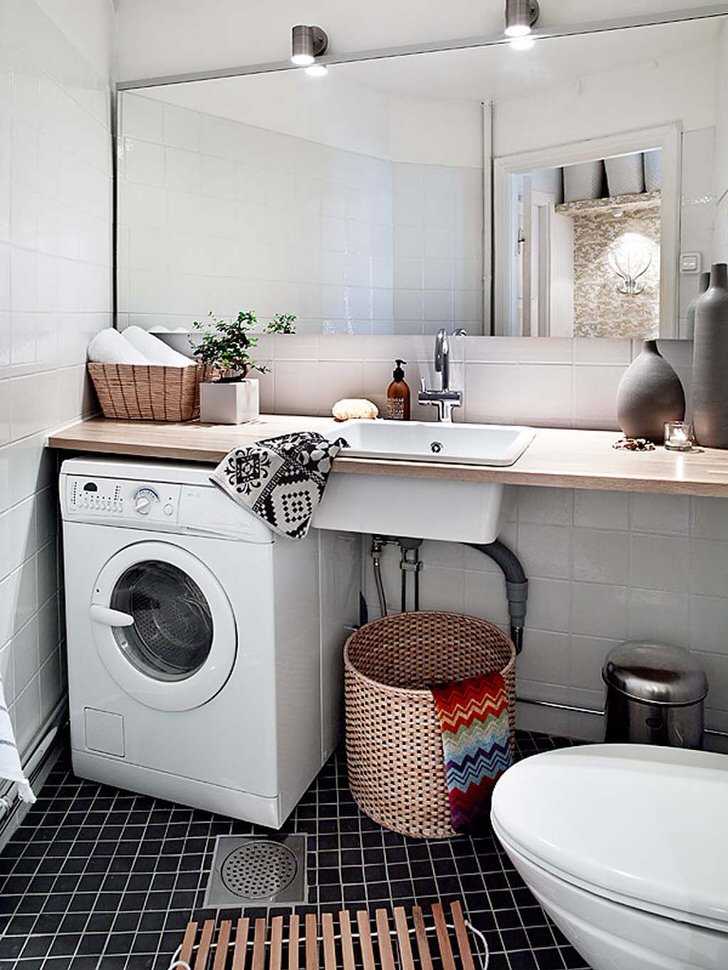 Дизайн ванны со стиральной машиной на фото Интерьер ванной комнаты с туалетом и стиральной машиной под раковиной Мебель для стиральной машиной под столешницей