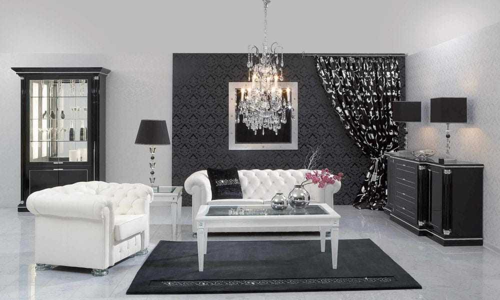 Черно-белый интерьер гостиной: как выбрать отделку и мебель, подобрать аксессуары