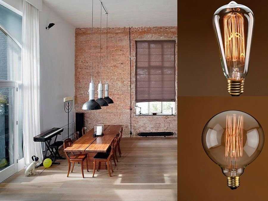 Ретро лампы Эдисона в интерьер кухни, спальни, гостиной и ванной на фото Современный интерьер в стиле лофт с использованием ретро ламп Идеи для освещения
