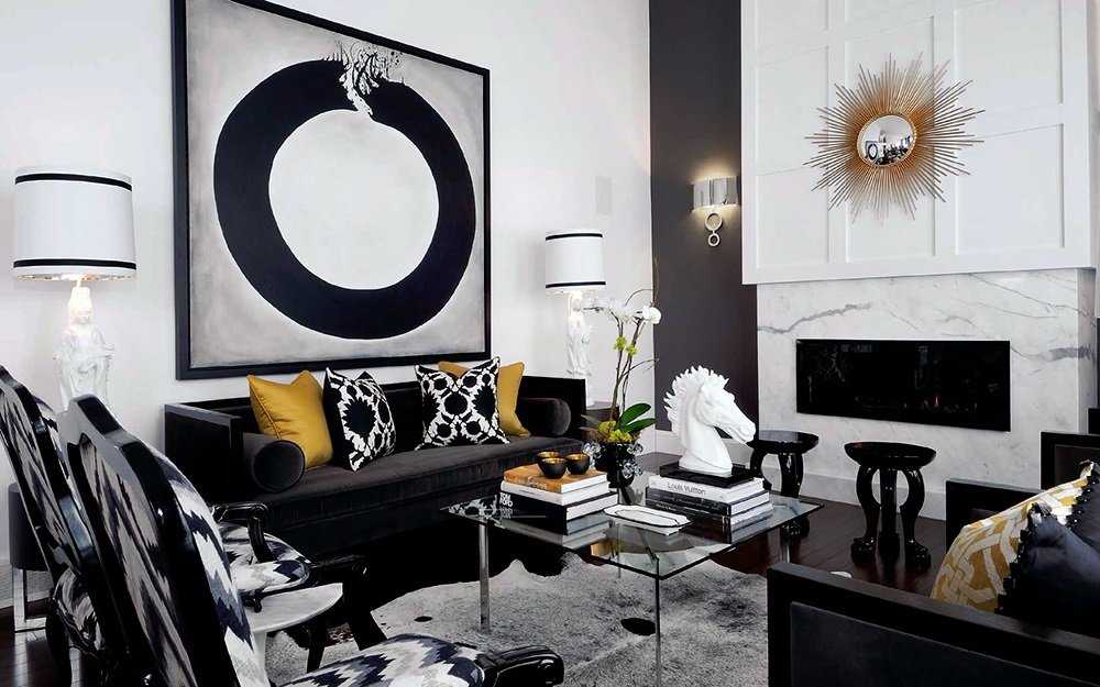 Черная стена, комната в черно белом стиле и дизайн гостиной: сочетание черного цвета с другими цветами в интерьере
 - 38 фото