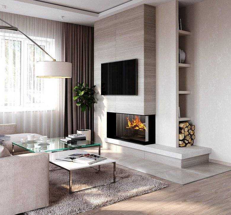 Дизайн гостиной с камином - фото идей интерьера в квартире, частном доме