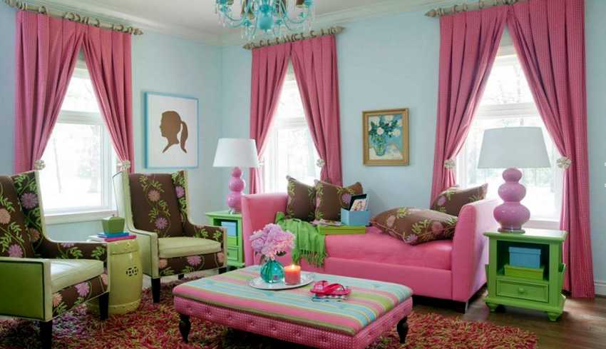 Розовые шторы в интерьере гостиной, спальни, кухни и детской: как .