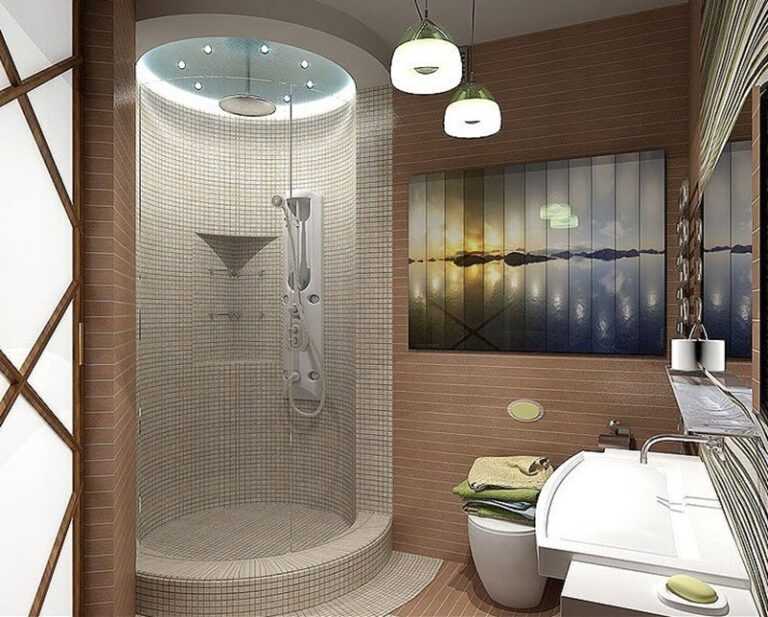 Дизайн ванной комнаты с душевой кабиной: туалетом, ванной, стиральной машиной, в светлых тонах, современные идеи